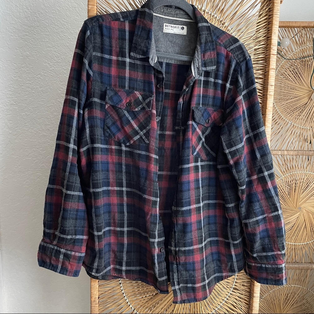 Mens blue plaid flannel button down shirt